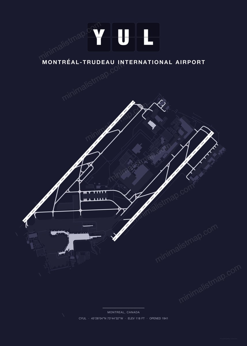 YUL Montréal-Trudeau International Airport map poster, Dark style, minimalist navy airport map