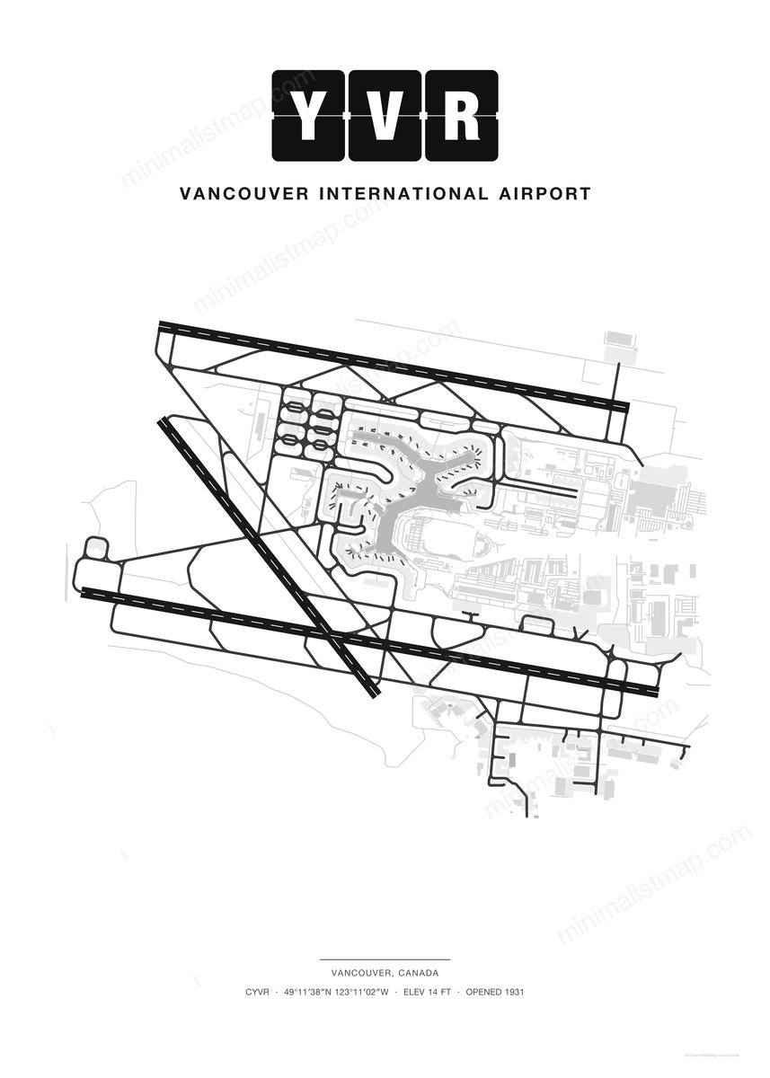 YVR Vancouver International Airport map poster, Classic style, minimalist black and white airport map