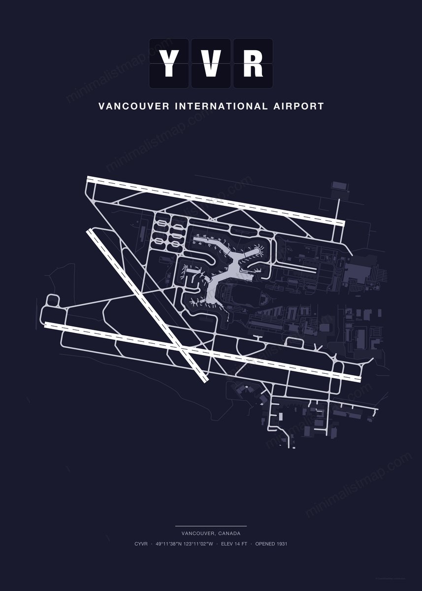 YVR Vancouver International Airport map poster, Dark style, minimalist navy airport map
