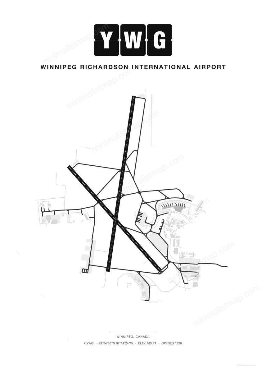 YWG Winnipeg Richardson International Airport map poster, Classic style, minimalist black and white airport map