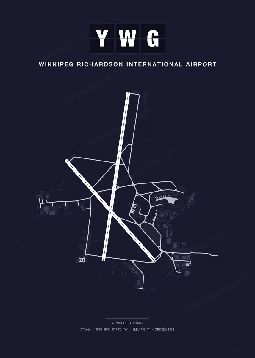 YWG Winnipeg Richardson International Airport map poster, Dark style, minimalist navy airport map