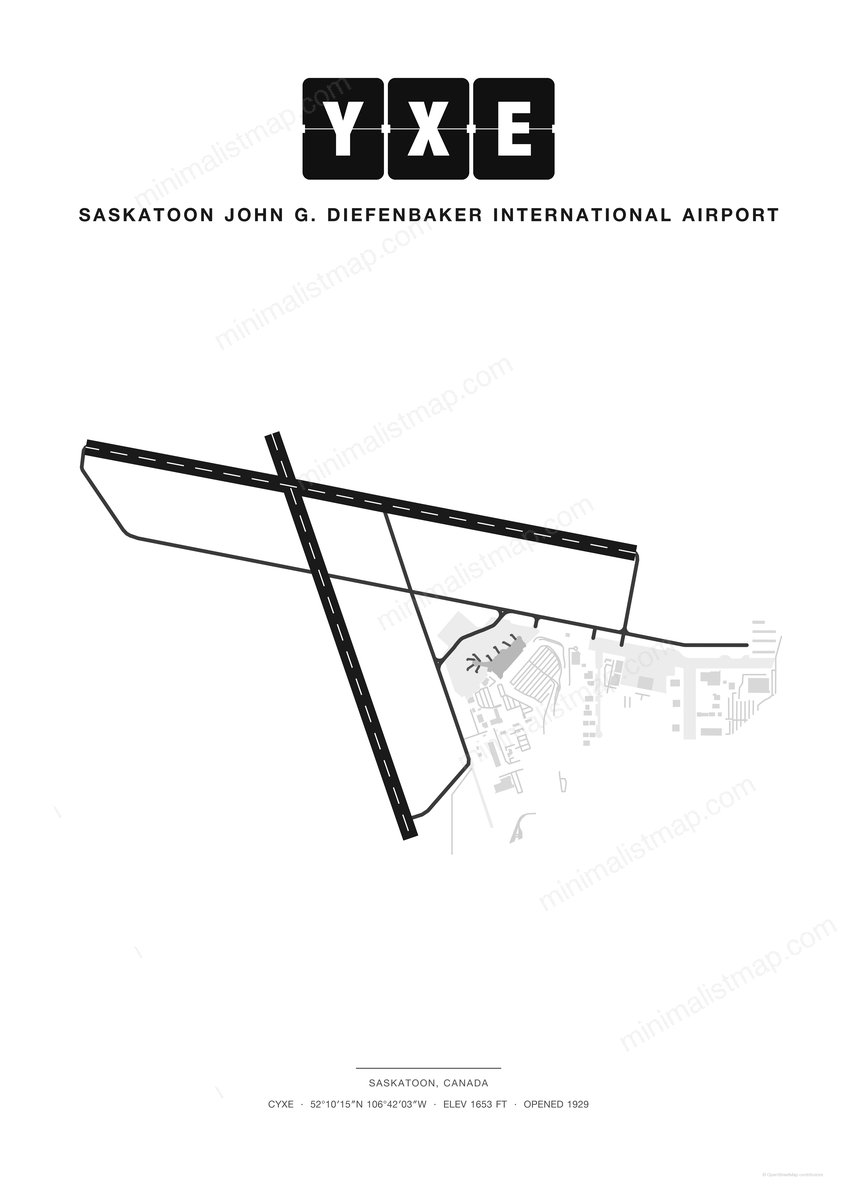 YXE Saskatoon John G. Diefenbaker International Airport map poster, Classic style, minimalist black and white airport map