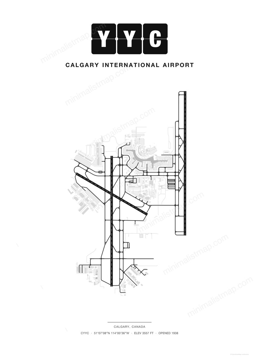 YYC Calgary International Airport map poster, Classic style, minimalist black and white airport map