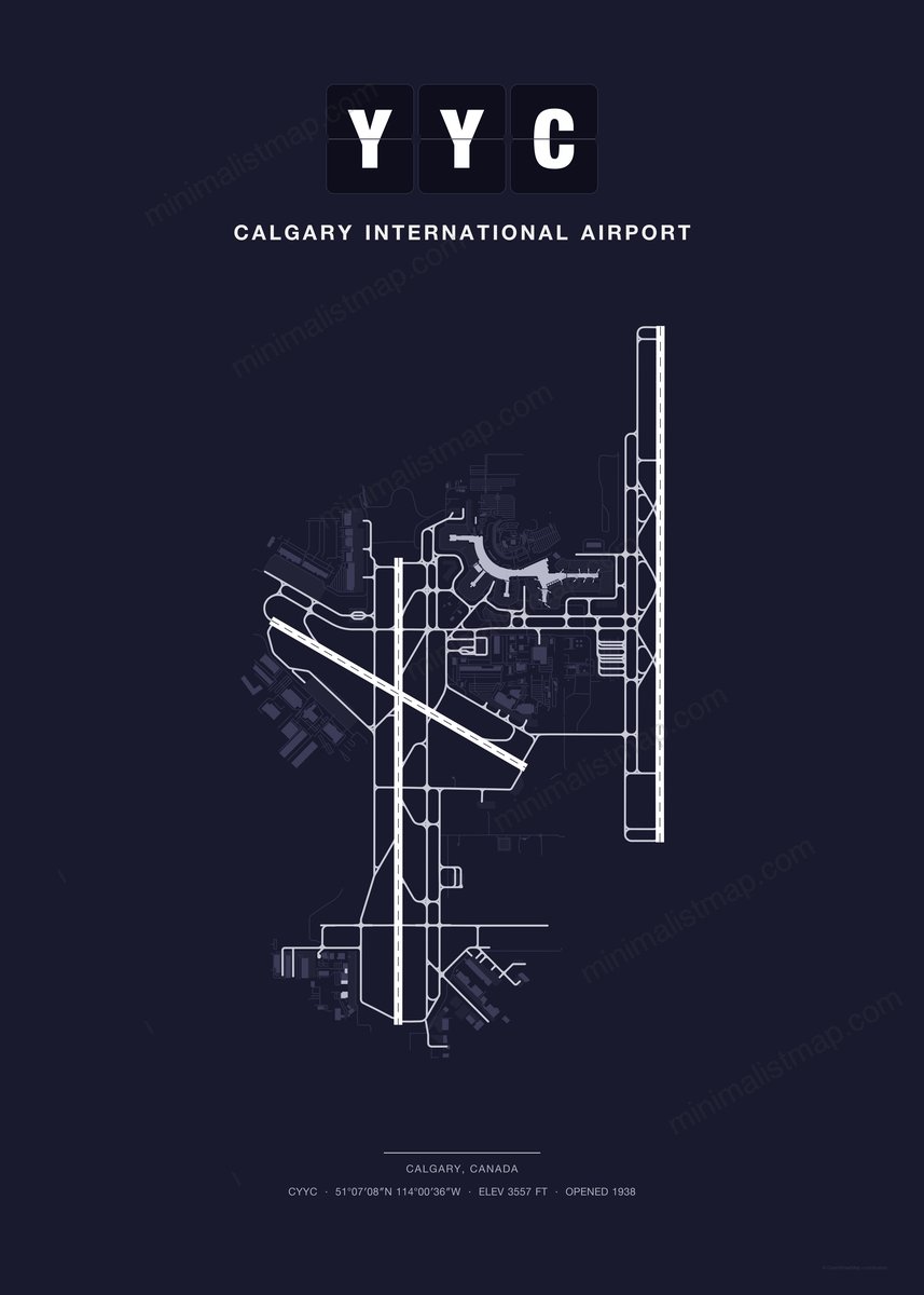 YYC Calgary International Airport map poster, Dark style, minimalist navy airport map