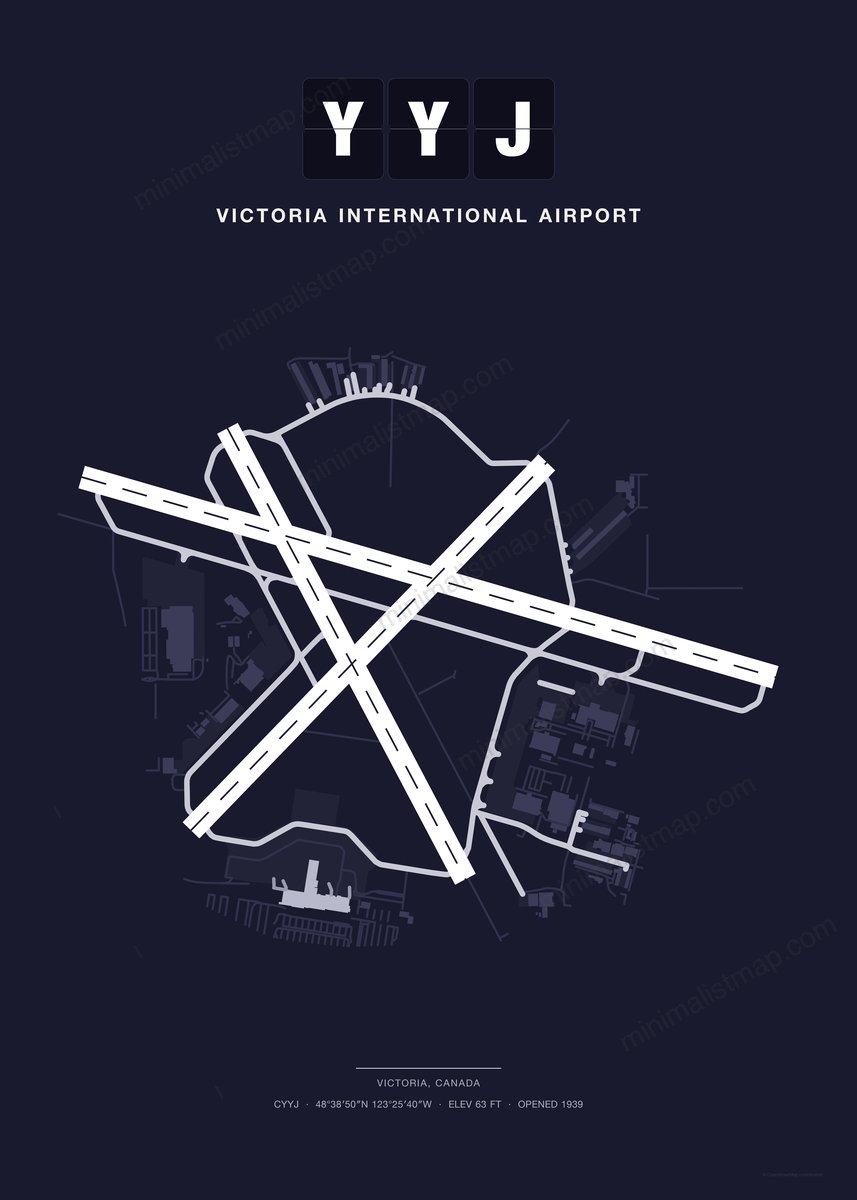 YYJ Victoria International Airport map poster, Dark style, minimalist navy airport map