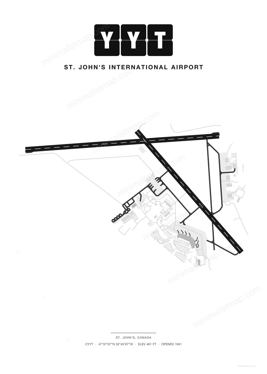 YYT St. John's International Airport map poster, Classic style, minimalist black and white airport map