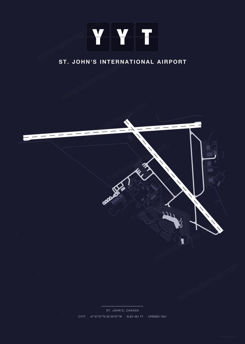 YYT St. John's International Airport map poster, Dark style, minimalist navy airport map
