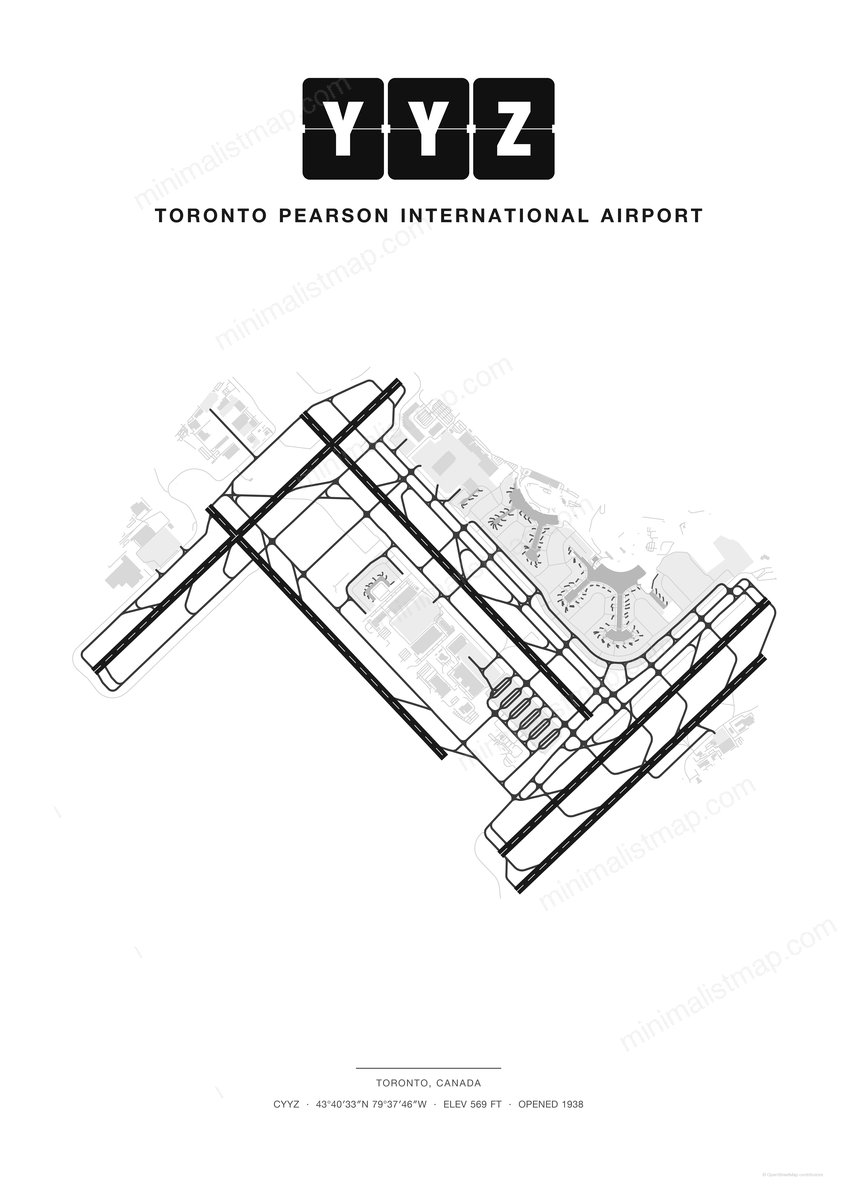 YYZ Toronto Pearson International Airport map poster, Classic style, minimalist black and white airport map