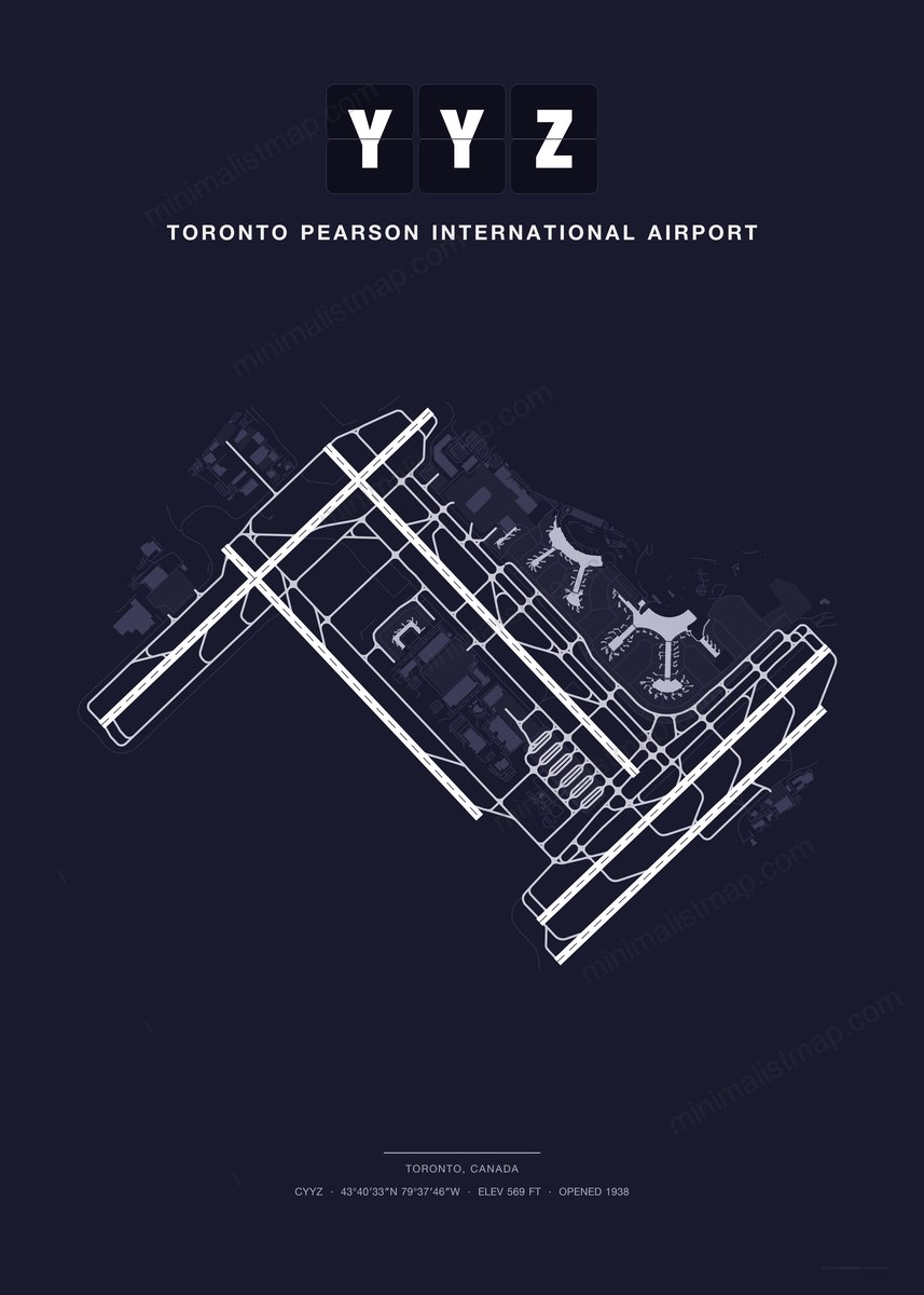 YYZ Toronto Pearson International Airport map poster, Dark style, minimalist navy airport map