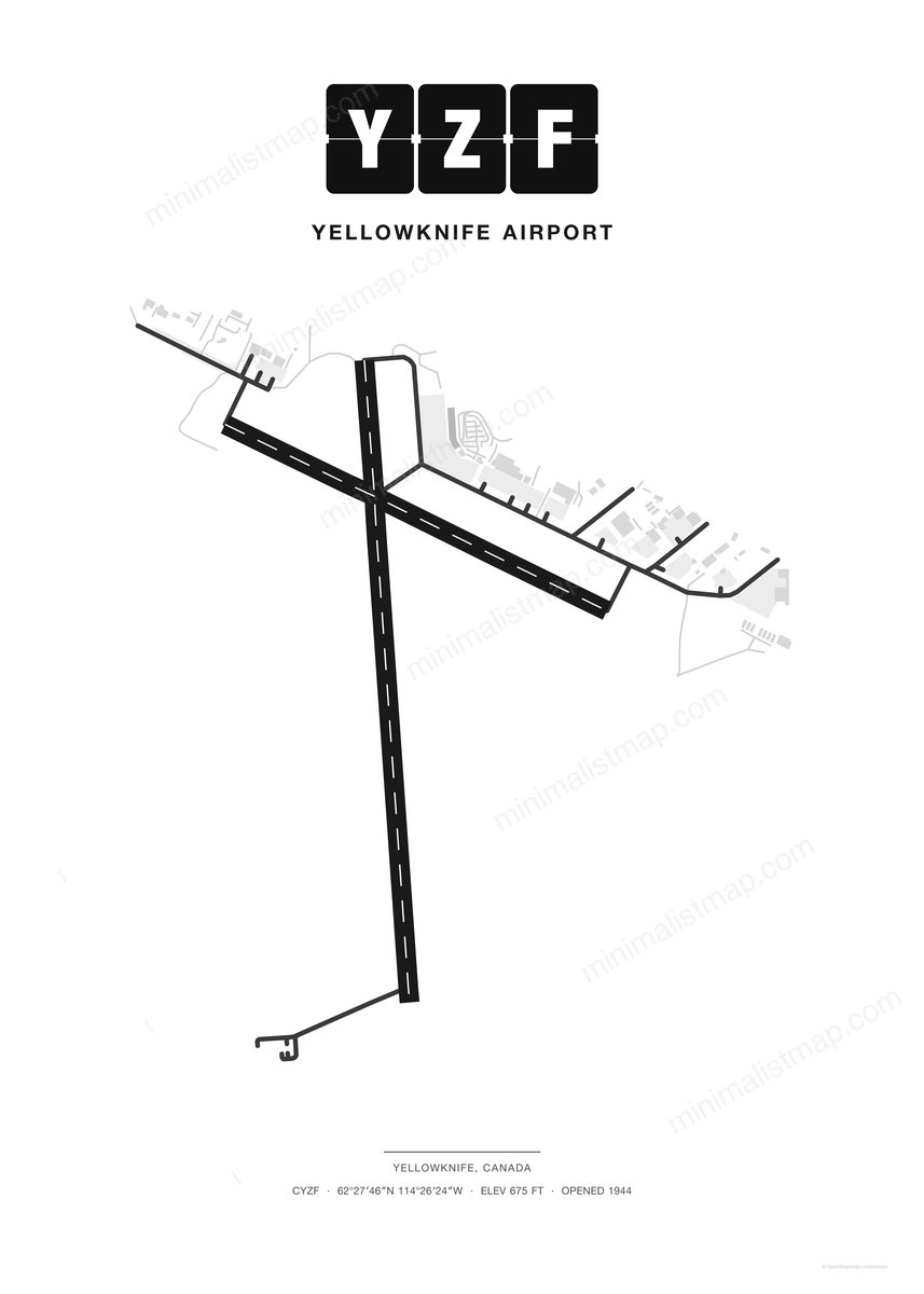 YZF Yellowknife Airport map poster, Classic style, minimalist black and white airport map