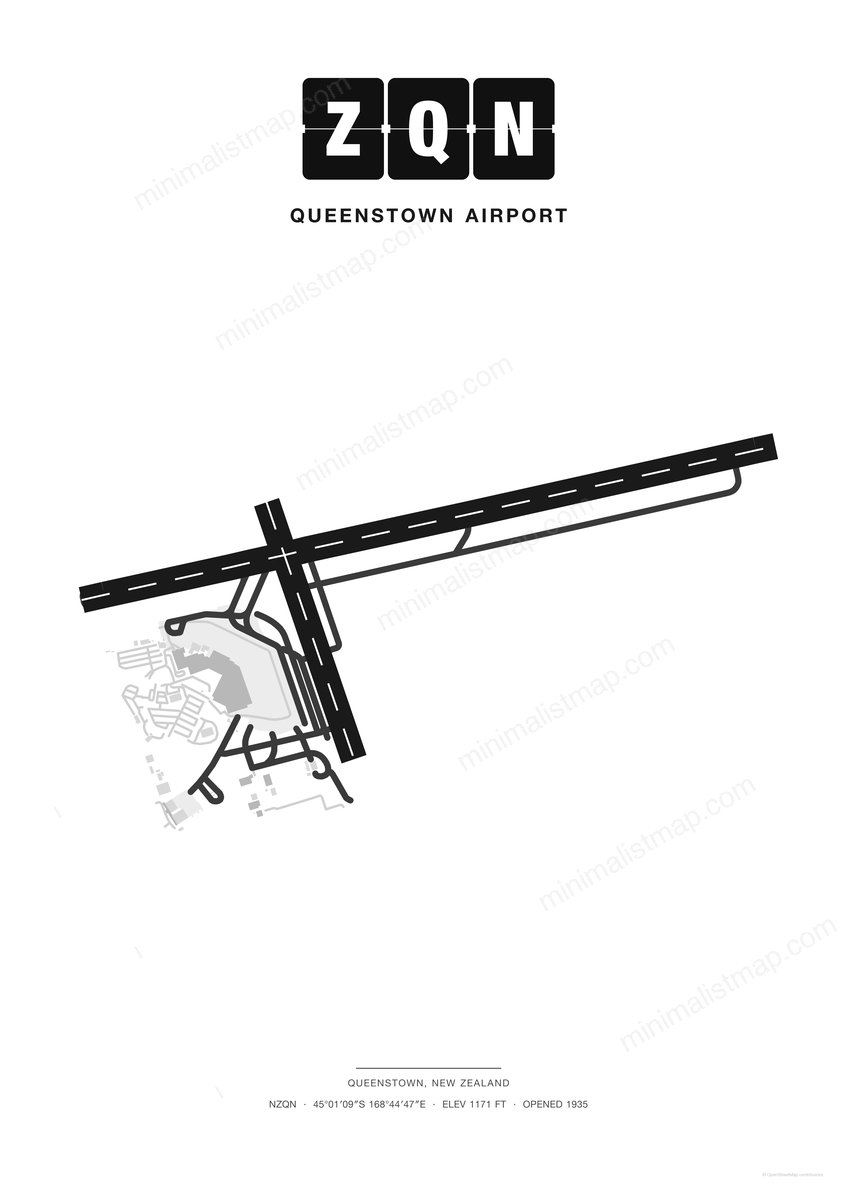 ZQN Queenstown Airport map poster, Classic style, minimalist black and white airport map