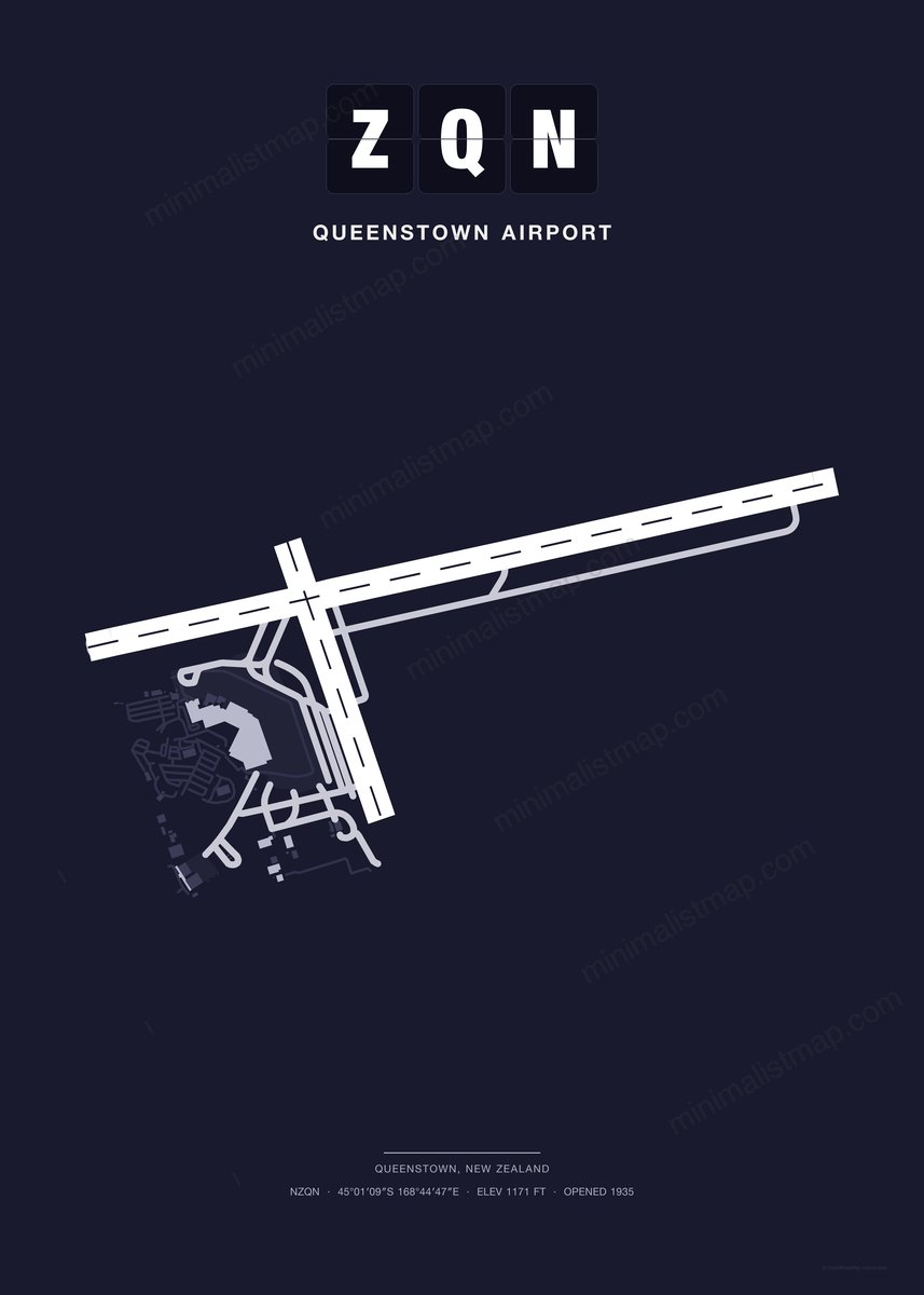 ZQN Queenstown Airport map poster, Dark style, minimalist navy airport map