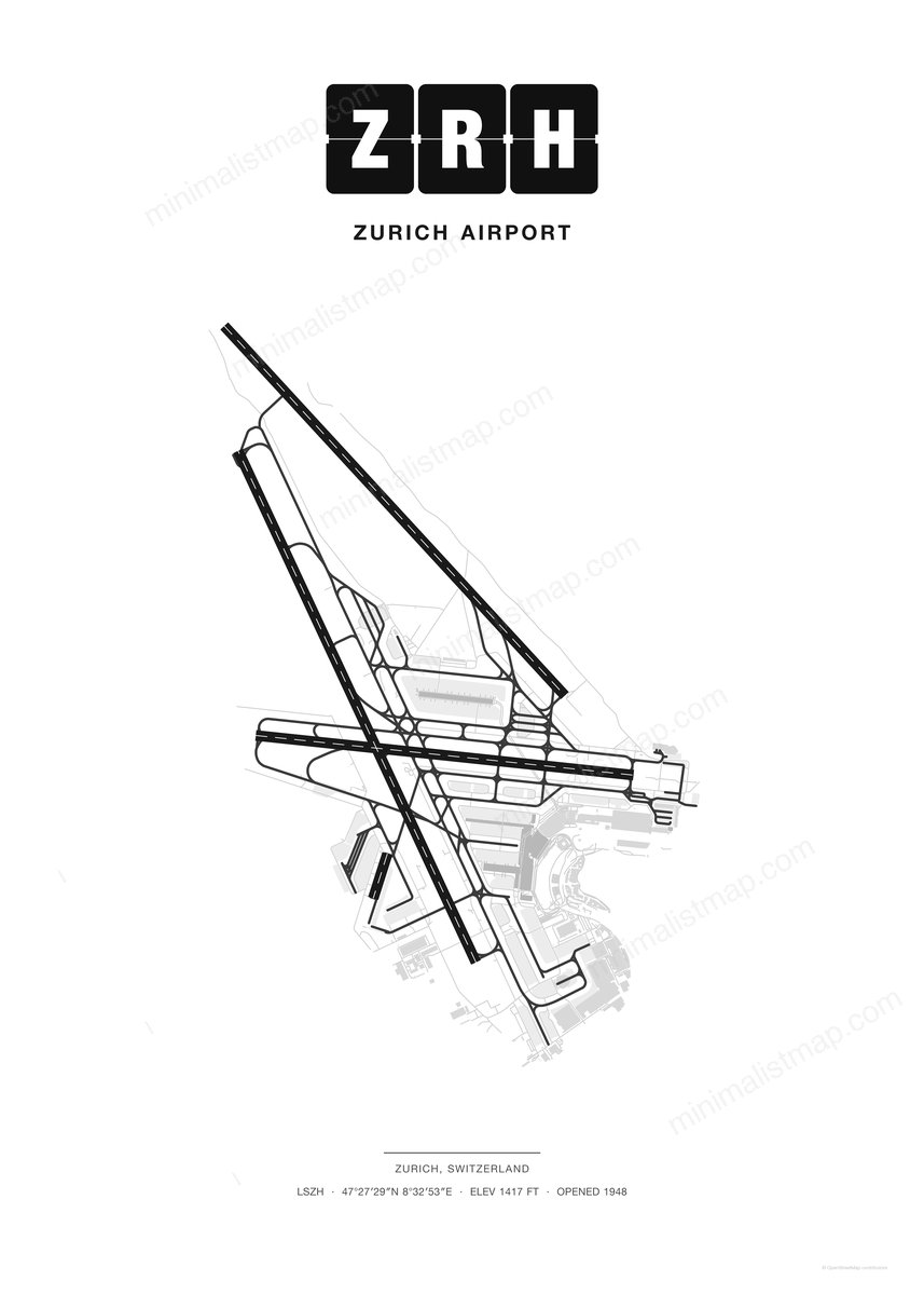 ZRH Zurich Airport map poster, Classic style, minimalist black and white airport map