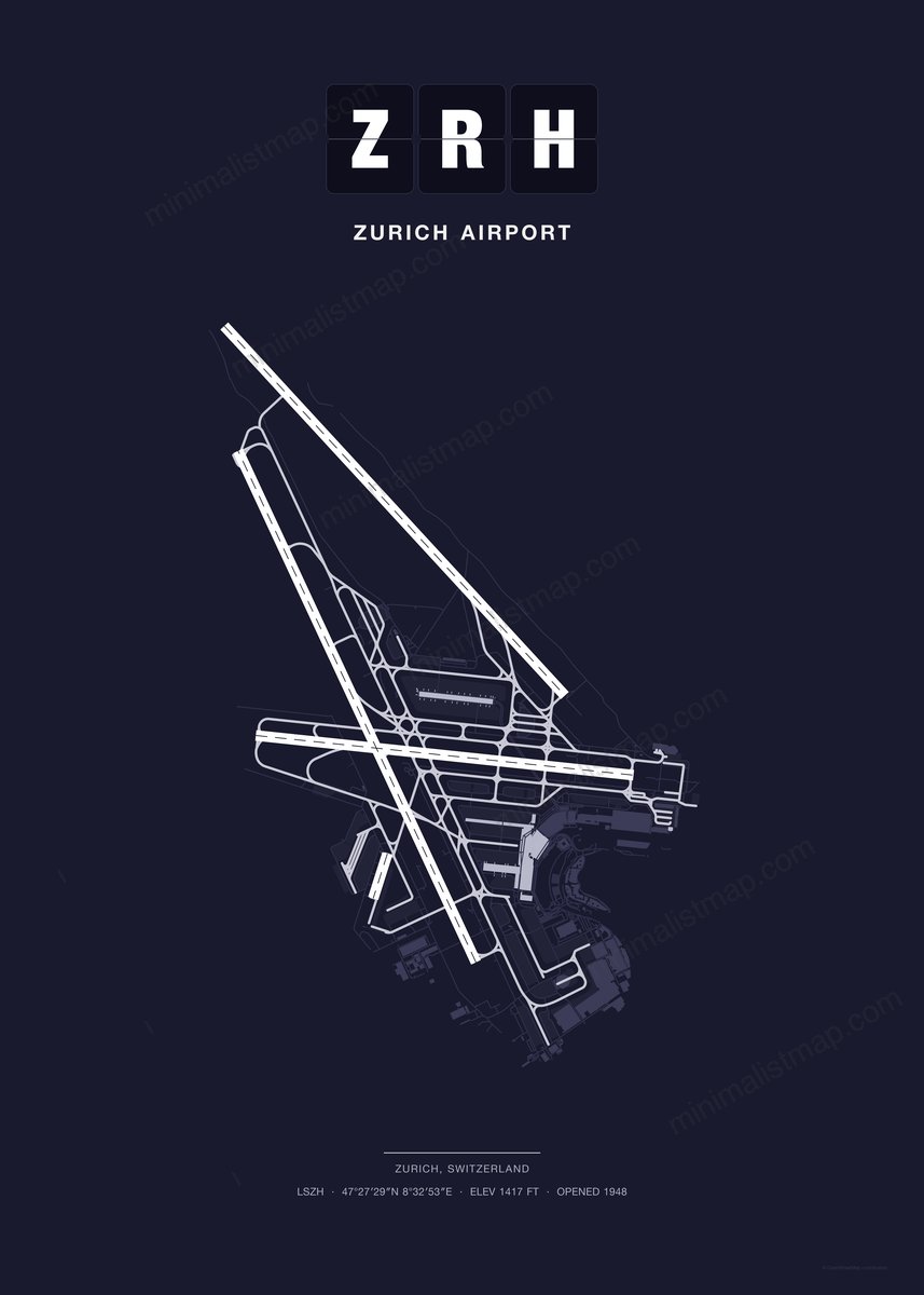 ZRH Zurich Airport map poster, Dark style, minimalist navy airport map