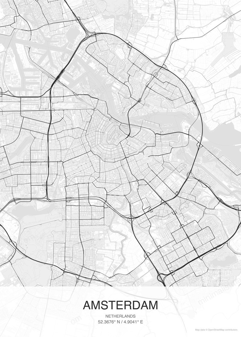 Amsterdam map poster classic style - minimalist black and white city map