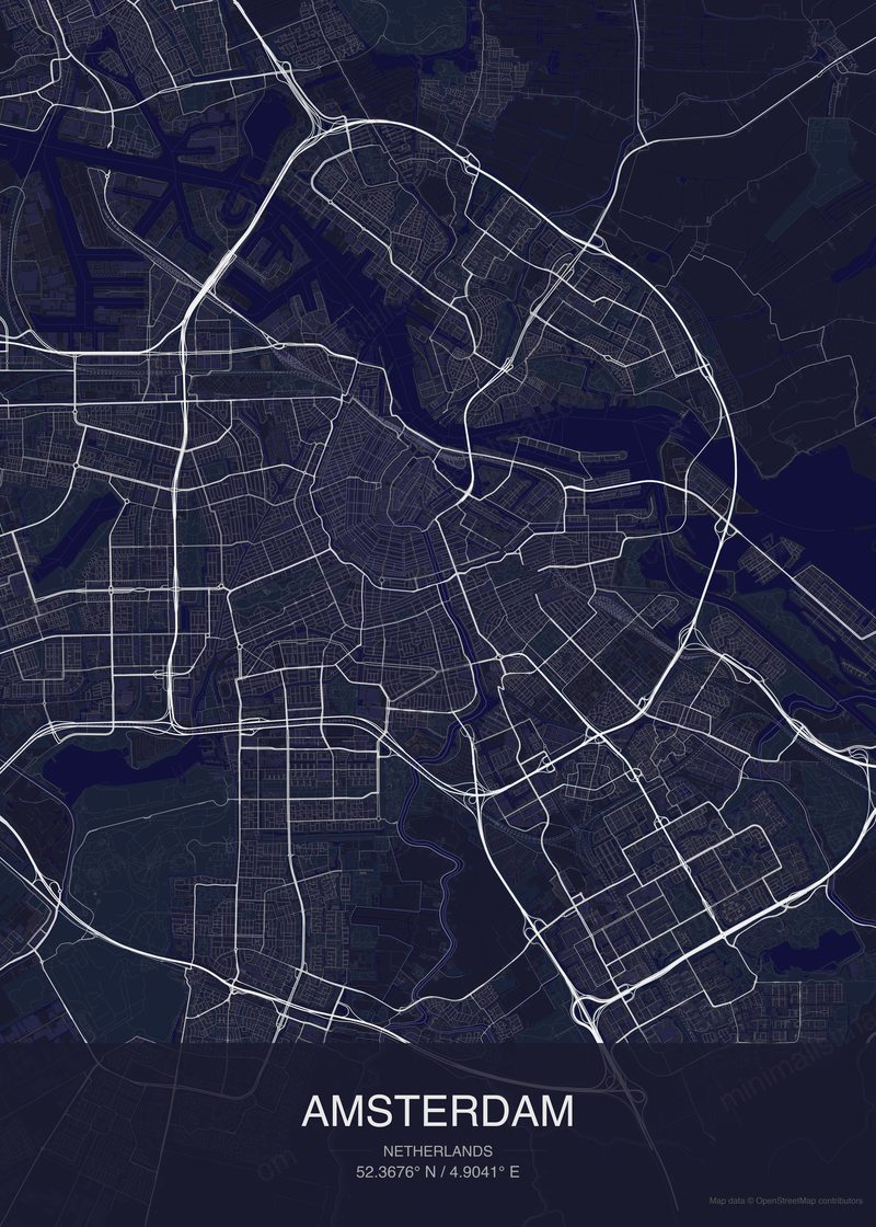 Amsterdam map poster dark style - minimalist navy city map