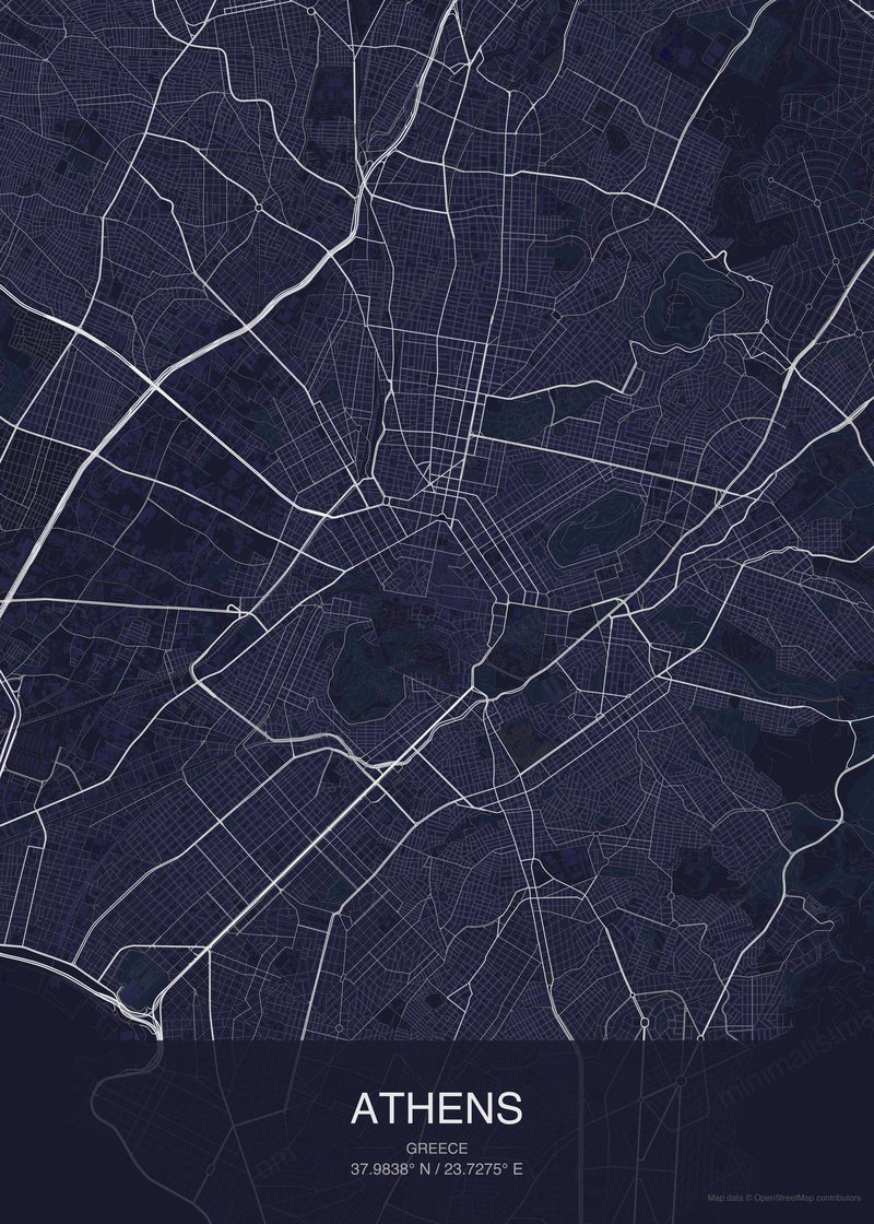 Athens map poster dark style - minimalist navy city map