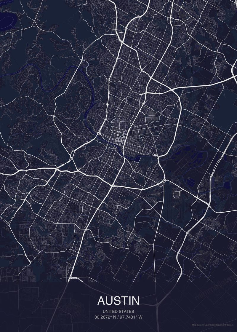 Austin map poster dark style - minimalist navy city map