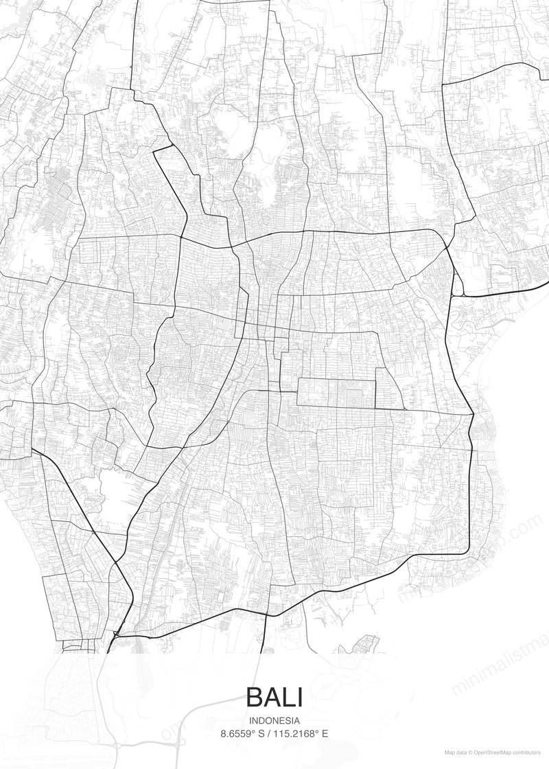 Bali map poster classic style - minimalist black and white city map
