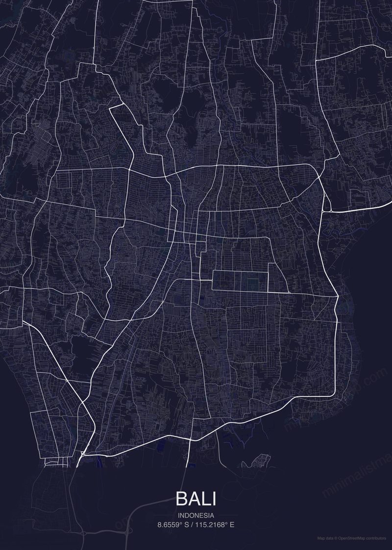 Bali map poster dark style - minimalist navy city map