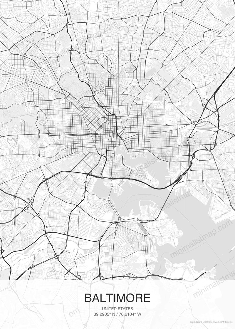 Baltimore map poster classic style - minimalist black and white city map