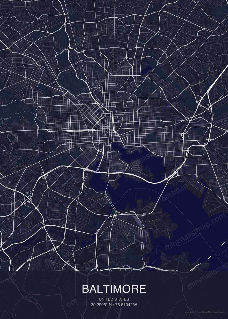 Baltimore map poster dark style - minimalist navy city map