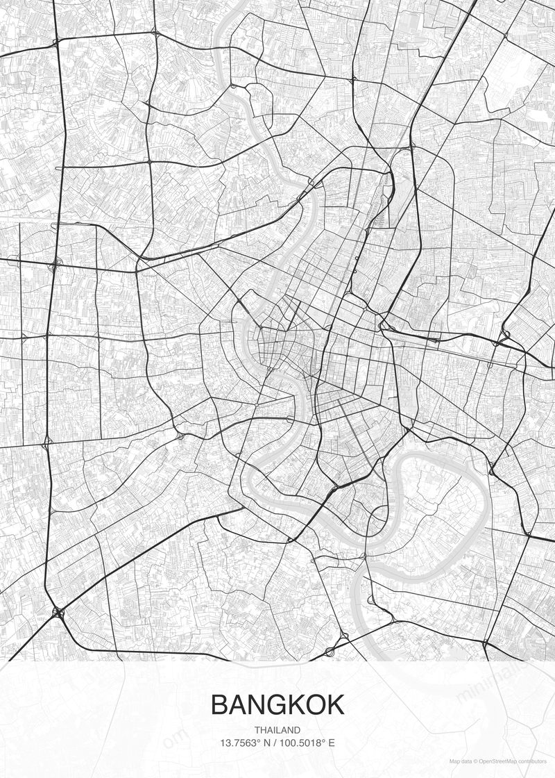 Bangkok map poster classic style - minimalist black and white city map