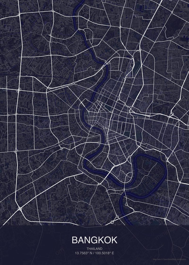 Bangkok map poster dark style - minimalist navy city map