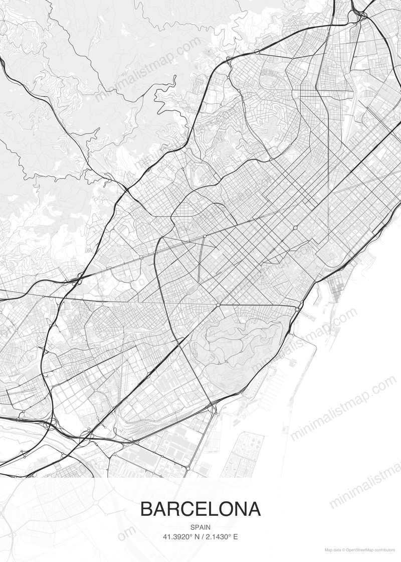 Barcelona map poster classic style - minimalist black and white city map