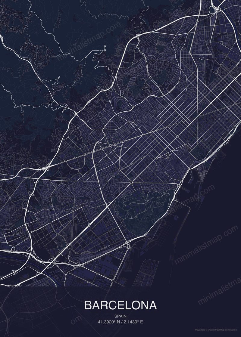 Barcelona map poster dark style - minimalist navy city map