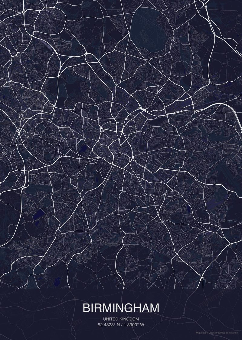 Birmingham map poster dark style - minimalist navy city map