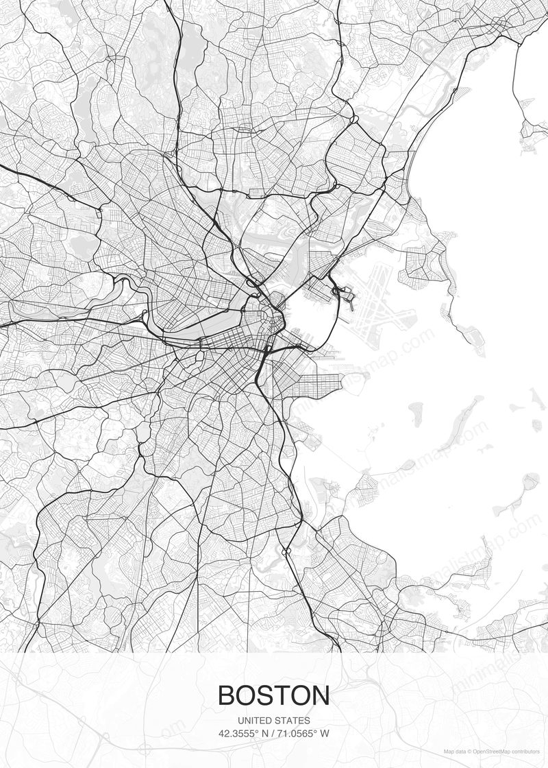 Boston map poster classic style - minimalist black and white city map