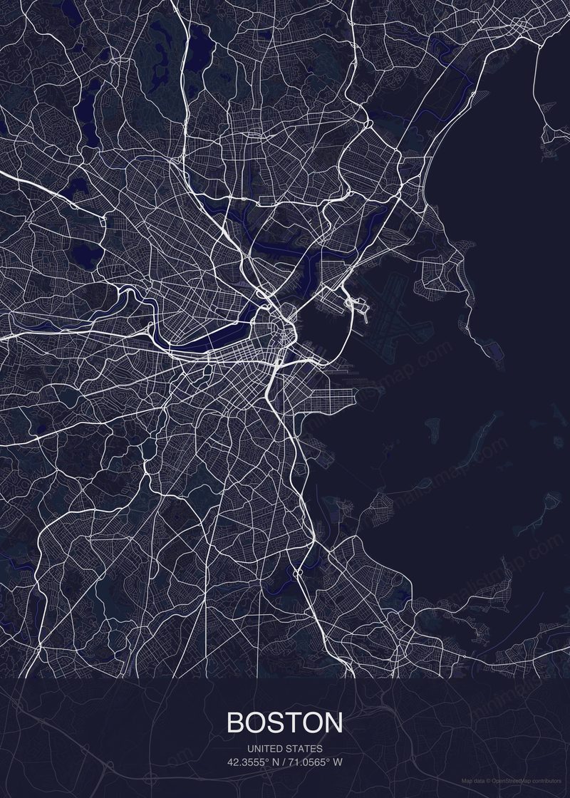 Boston map poster dark style - minimalist navy city map
