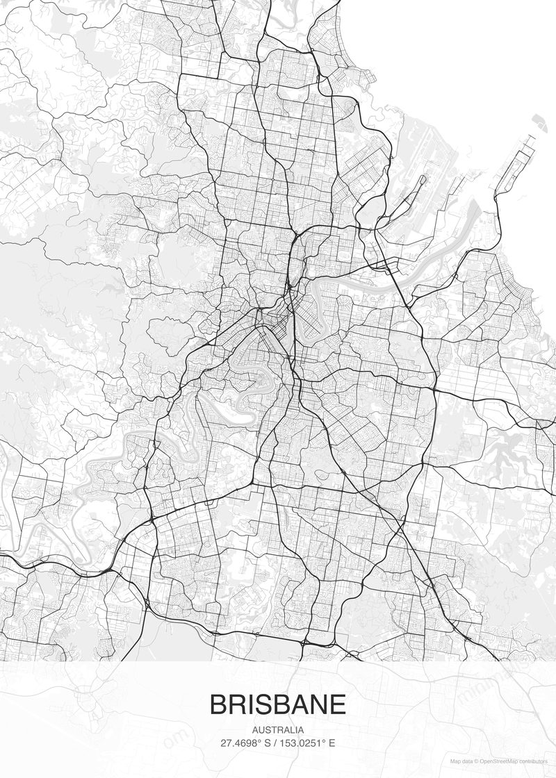 Brisbane map poster classic style - minimalist black and white city map