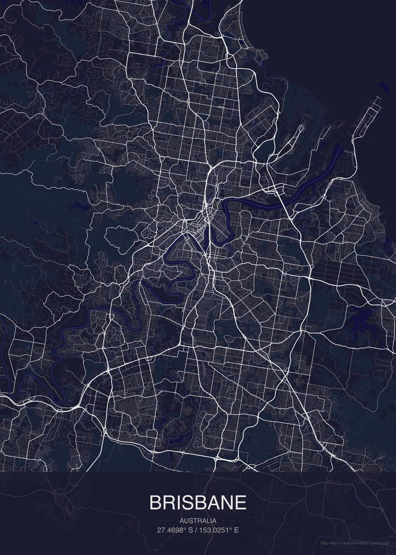 Brisbane map poster dark style - minimalist navy city map