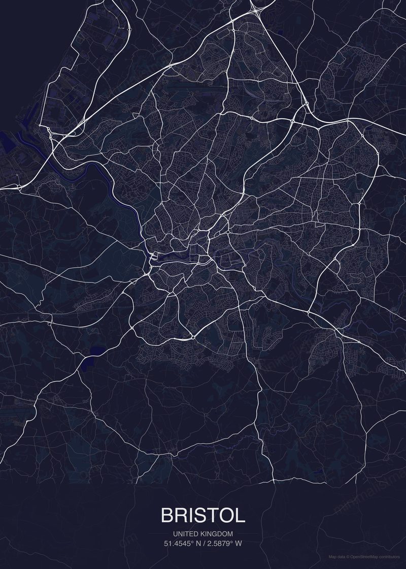 Bristol map poster dark style - minimalist navy city map
