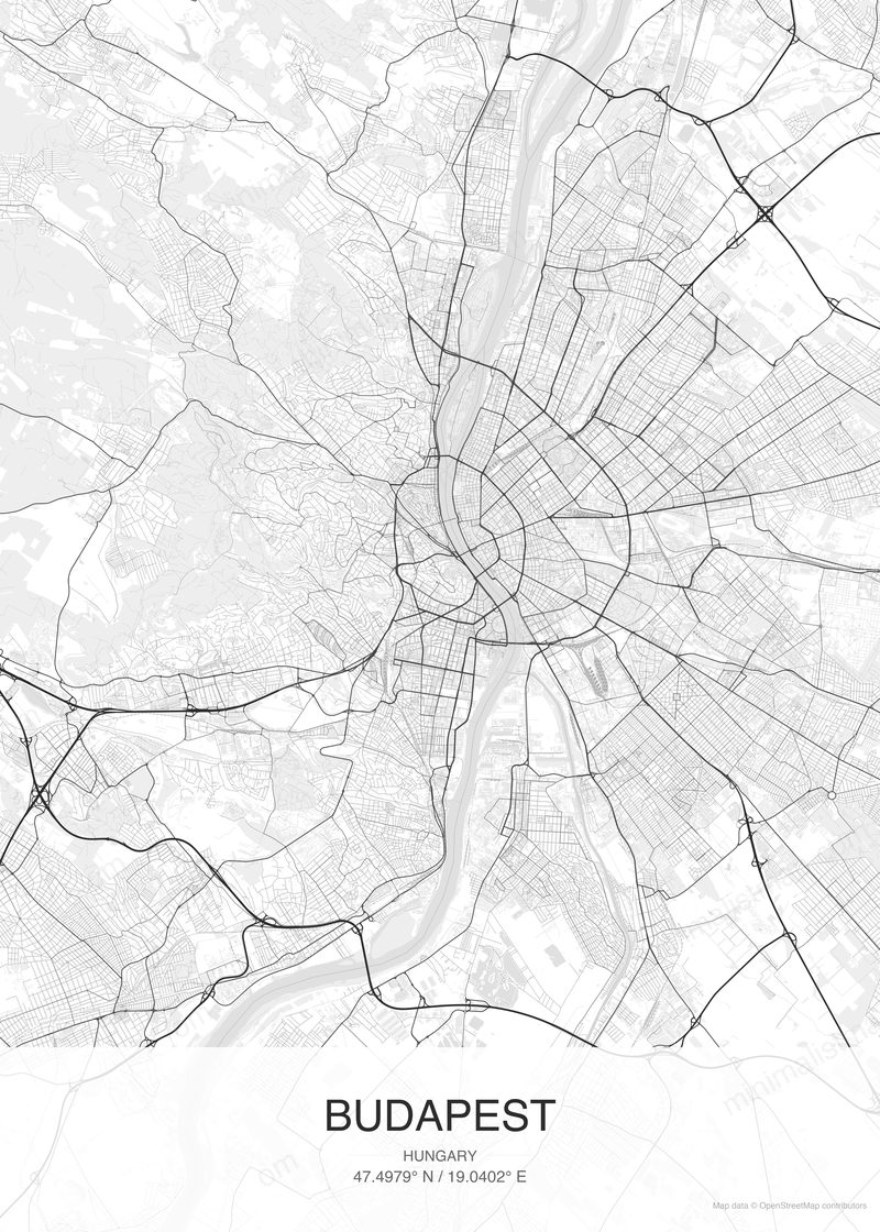 Budapest map poster classic style - minimalist black and white city map
