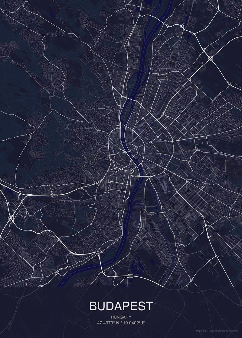 Budapest map poster dark style - minimalist navy city map