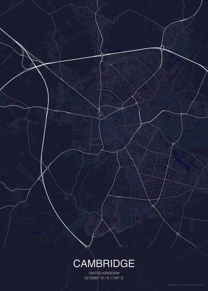 Cambridge map poster dark style - minimalist navy city map