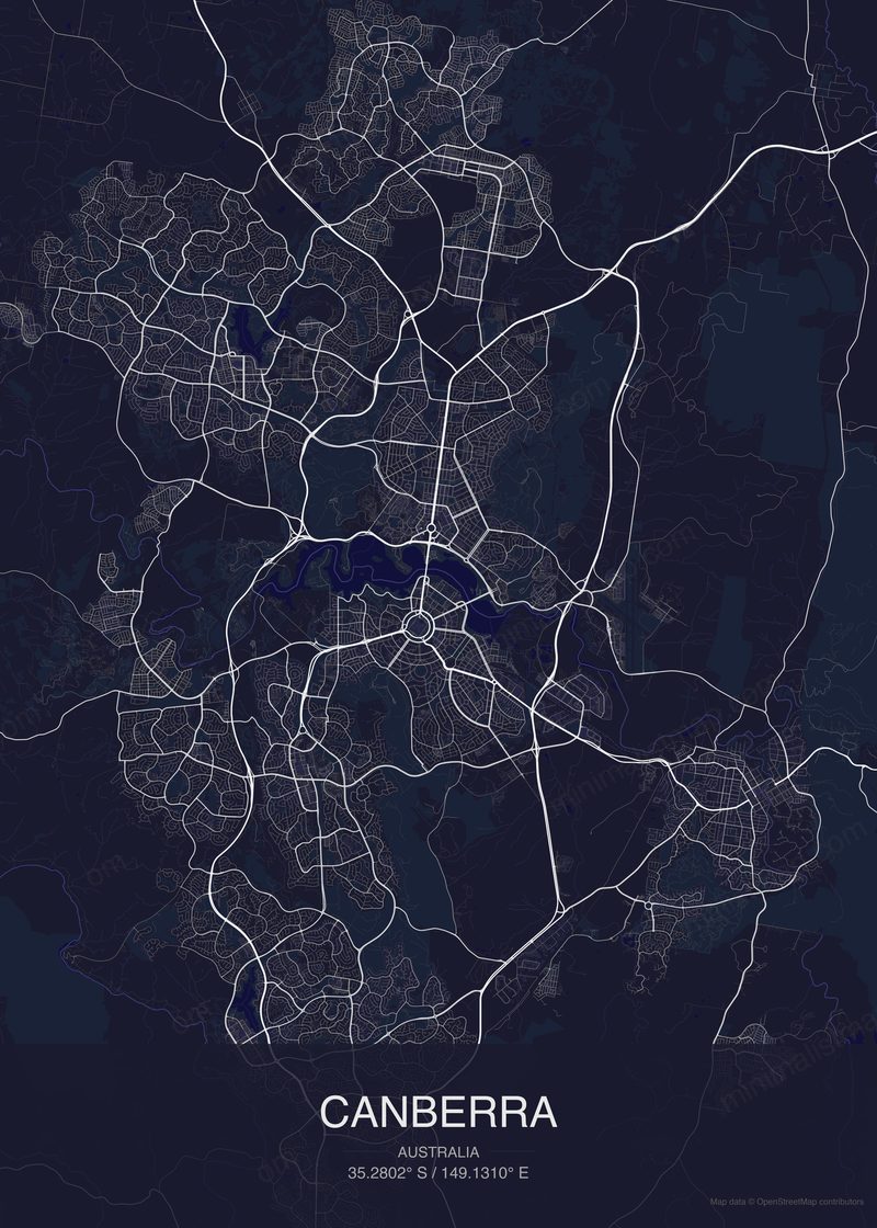 Canberra map poster dark style - minimalist navy city map