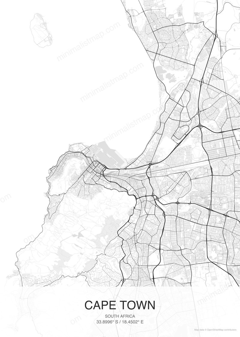 Cape Town map poster classic style - minimalist black and white city map