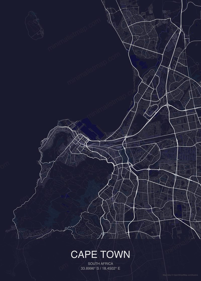 Cape Town map poster dark style - minimalist navy city map