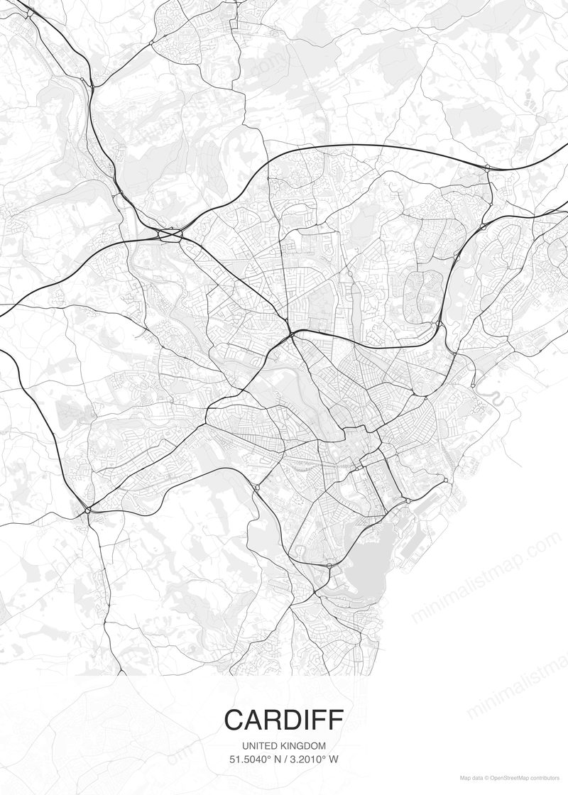 Cardiff map poster classic style - minimalist black and white city map