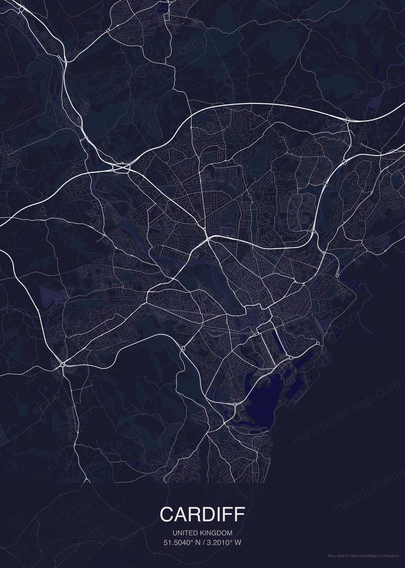 Cardiff map poster dark style - minimalist navy city map