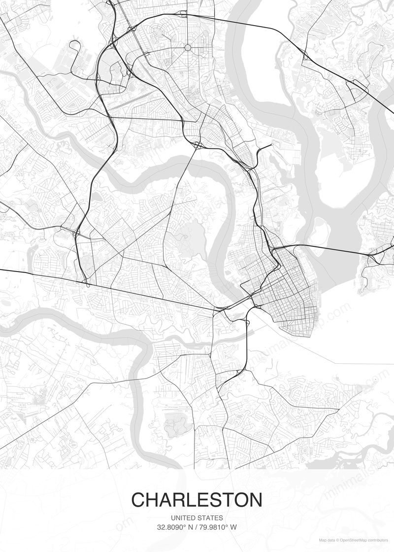 Charleston map poster classic style - minimalist black and white city map