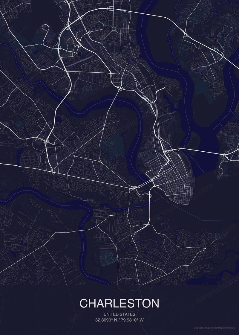 Charleston map poster dark style - minimalist navy city map