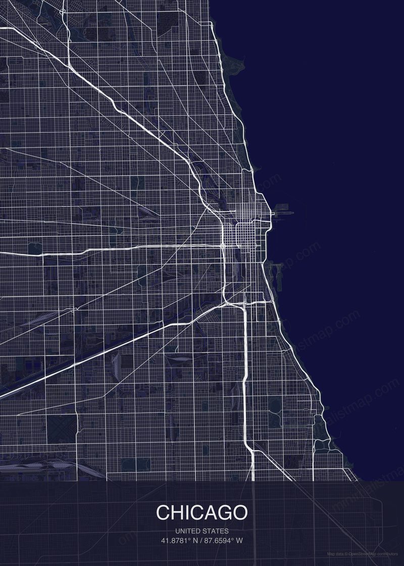 Chicago map poster dark style - minimalist navy city map