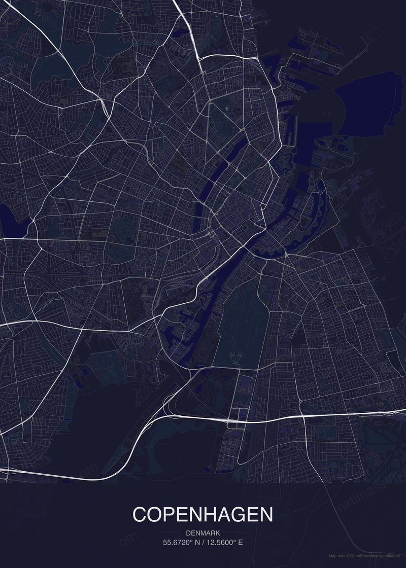 Copenhagen map poster dark style - minimalist navy city map
