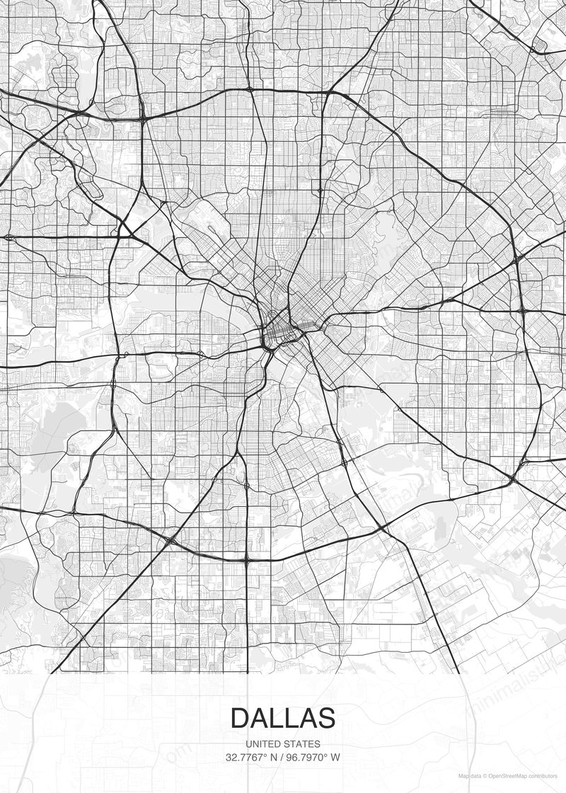 Dallas map poster classic style - minimalist black and white city map