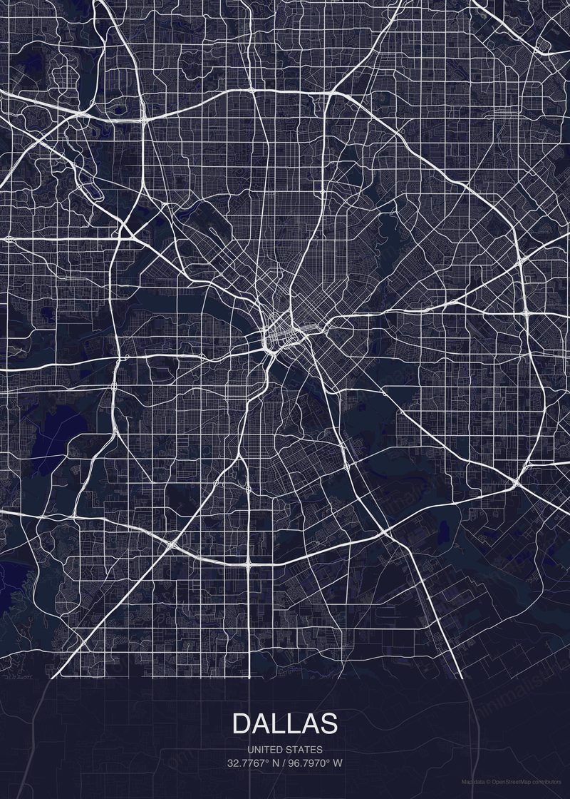Dallas map poster dark style - minimalist navy city map